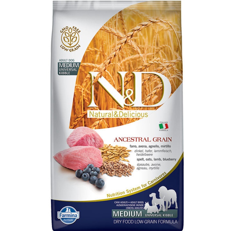 Farmina N&d Ancestral Low Grain Medium Adult Lamb & Blueberry Dry Dog Food-5.5-lb-{L+x}(DD)