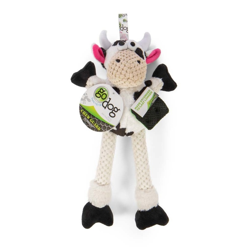 goDog Checkers Skinny Durable Plush Dog Toy Cow SM