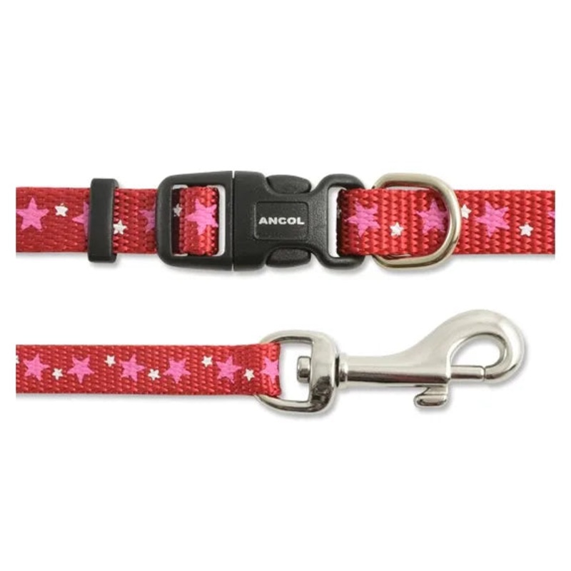 Sml Bite Collar & Lead Set Stars Red