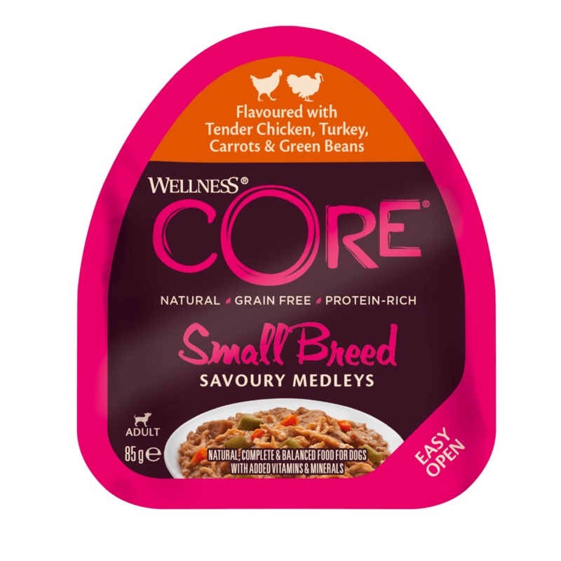 WELLNESS CORE Savoury Medleys Chicken, Turkey, Carrots & Green Beans Wet Small Dog Food 85GX12