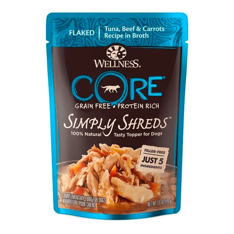 WELLNESS CORE Simply Shreds Wet Dog Food Tuna, Beef & Carrots 79GX12