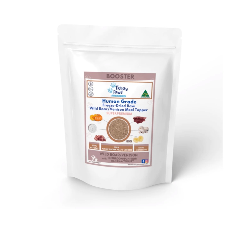 FREEZY PAWS Freeze-Dried Raw Wild Boar & Venison with Mushroom, Pumpkin, Banana and Yogurt Meal Topper Mix 80g