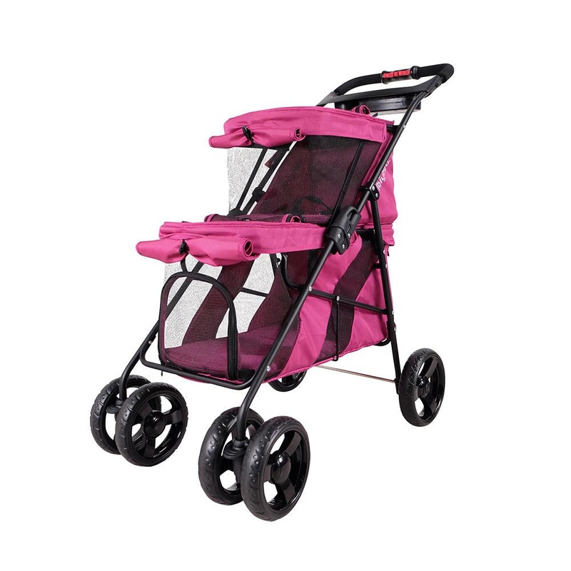 IBIYAYA Double Decker Pet Stroller for Multiple Pets - Red Violet