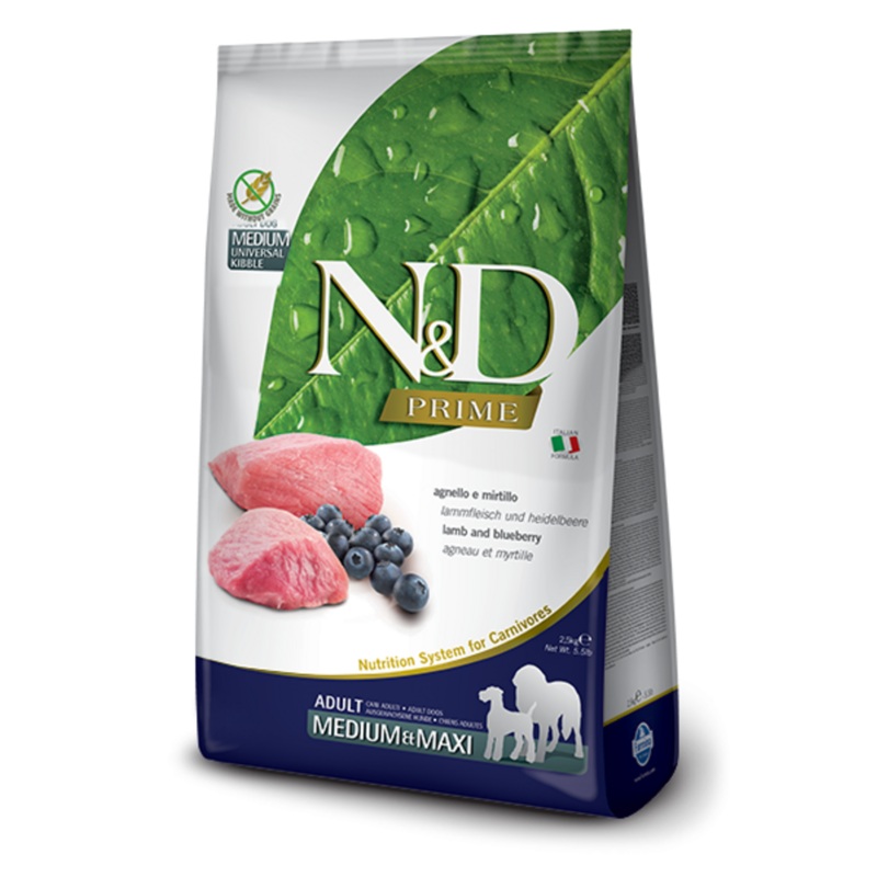 Farmina Prime N&D Natural & Delicious Grain Free Medium Adult Lamb & Blueberry Dry Dog Food