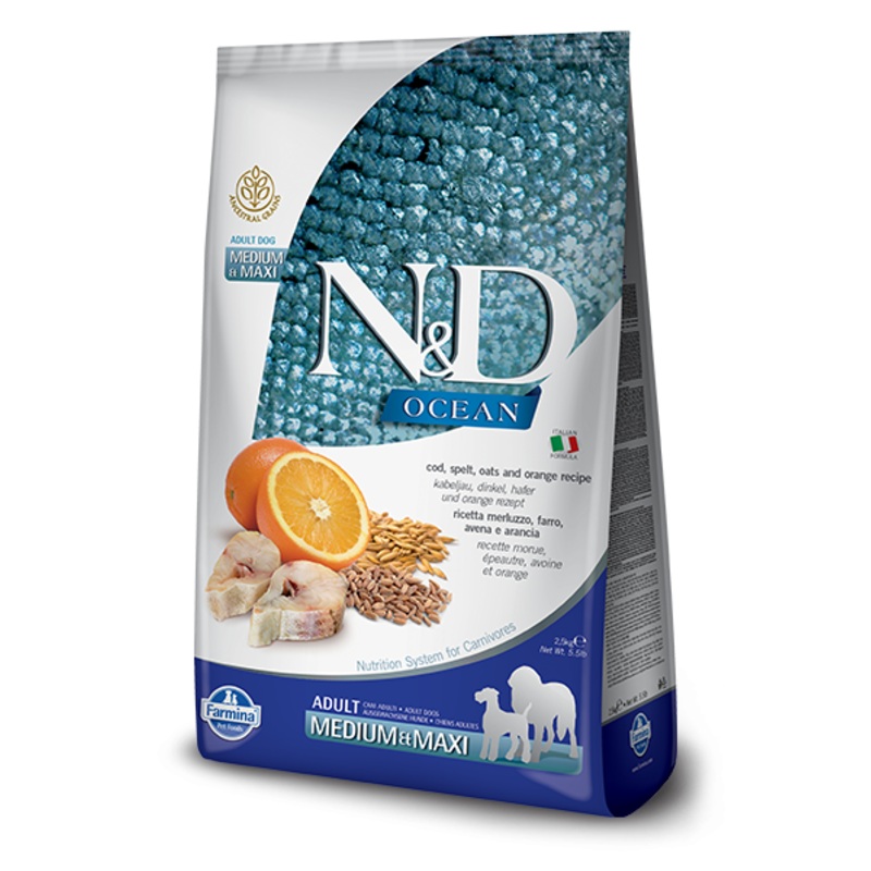 Farmina Ocean N&D Natural & Delicious Medium & Maxi Adult Cod, Spelt, Oats & Orange Dry Dog Food
