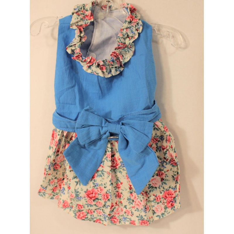Dress with Blue Bodice, Rose flowers, D ring and Matching Leash