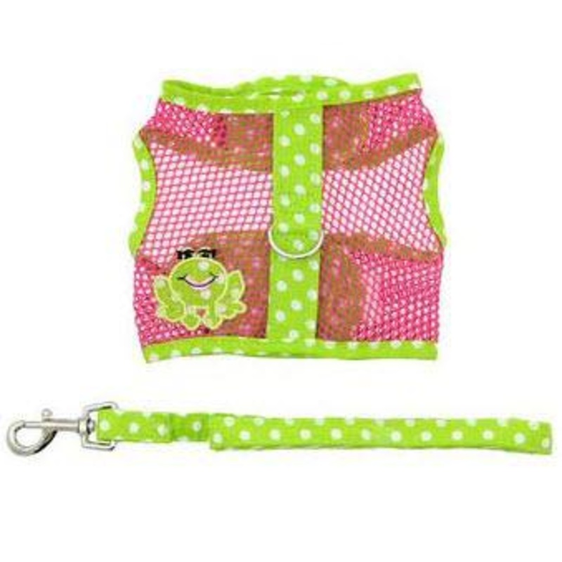 Frog Green Cool Mesh Dog Harness  - Frog Green Dot and Pink Doggie Design