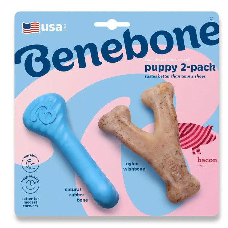 Benebone Dog Toy Puppy Rubber Bone & Wishbone Bacon Tiny 2-Pack