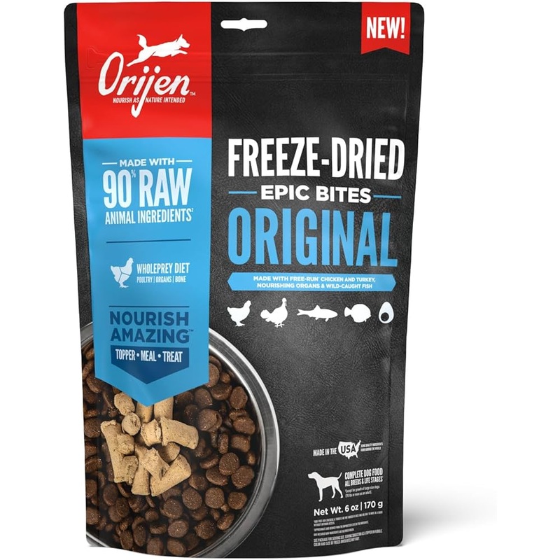 ORIJEN Freeze-Dried Epic Bites, Original recipe is nourishing freeze-dried dog food made with 90% raw animal ingredients* including free-run** chicken and turkey, organs, and wild-caught fish. ORIJEN Epic Bites dog food can be fed as a nourishing...