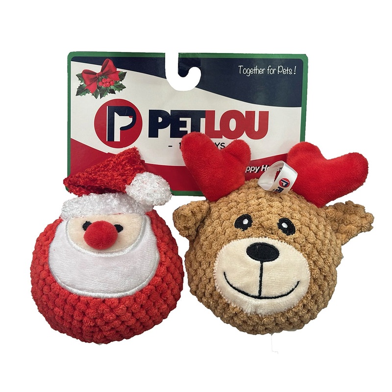 4" Christmas EZ Squeaky Twin Pack Ball - Santa & Reindeer