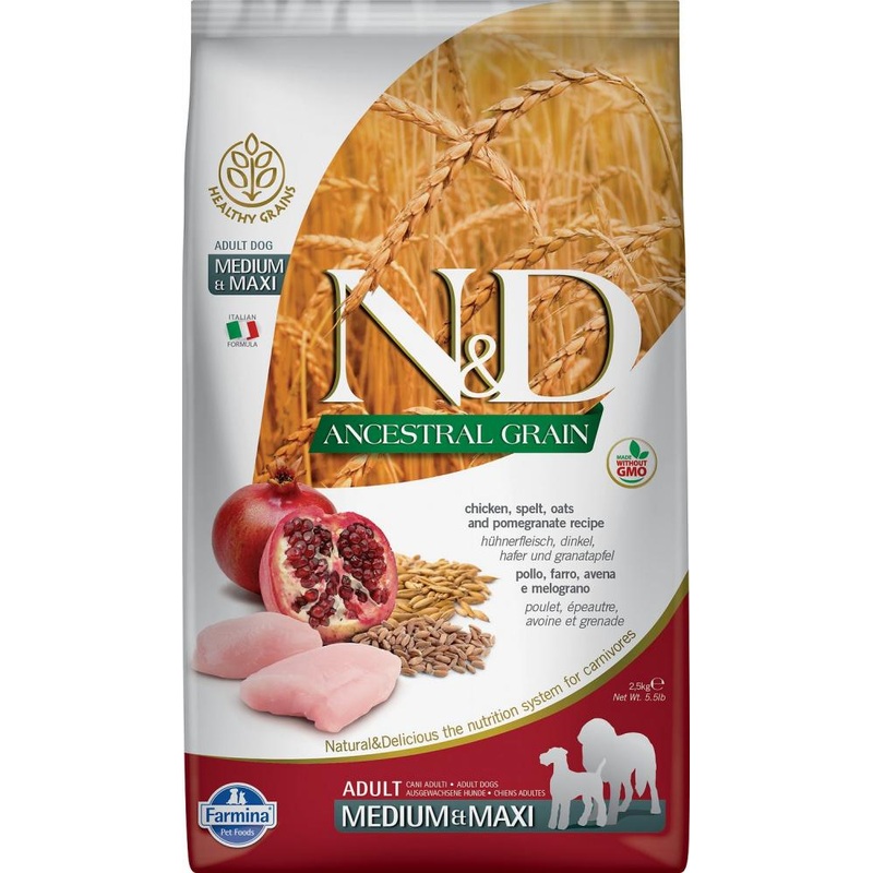 Farmina N&D Natural and Delicious Ancestral Grain Medium & Maxi Chicken & Pomegranate Adult Dry Dog Food (26.4-lb)