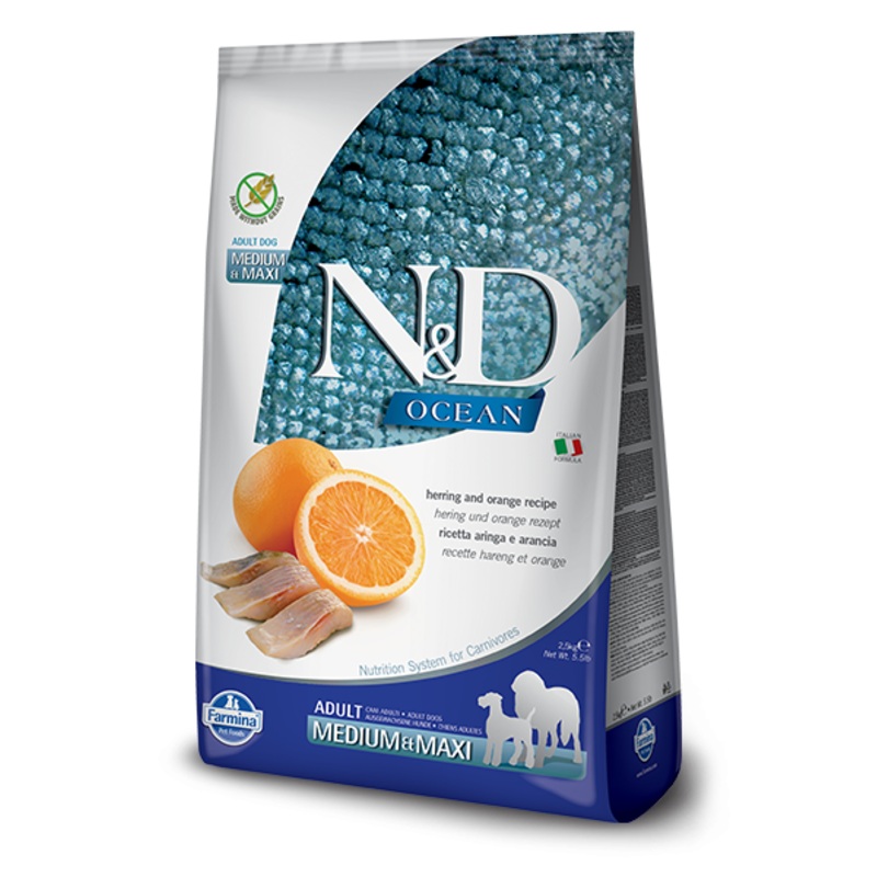 Farmina Ocean N&D Natural & Delicious Grain Free Medium & Maxi Adult Herring & Orange Dry Dog Food