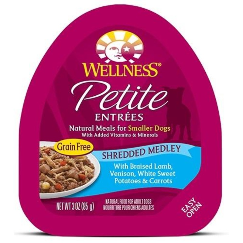Wellness Small Breed Natural Petite Entrees Shredded Medley with Braised Lamb, Venison, White Sweet Potatoes and Carrots Dog Food Tray
