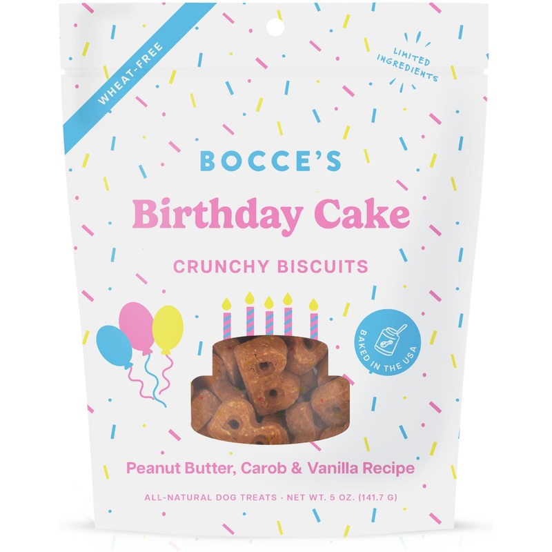 Bocce's Bakery Birthday Peanut Butter, Molasses & Vanilla Cake Dog Treats, 5-oz bag