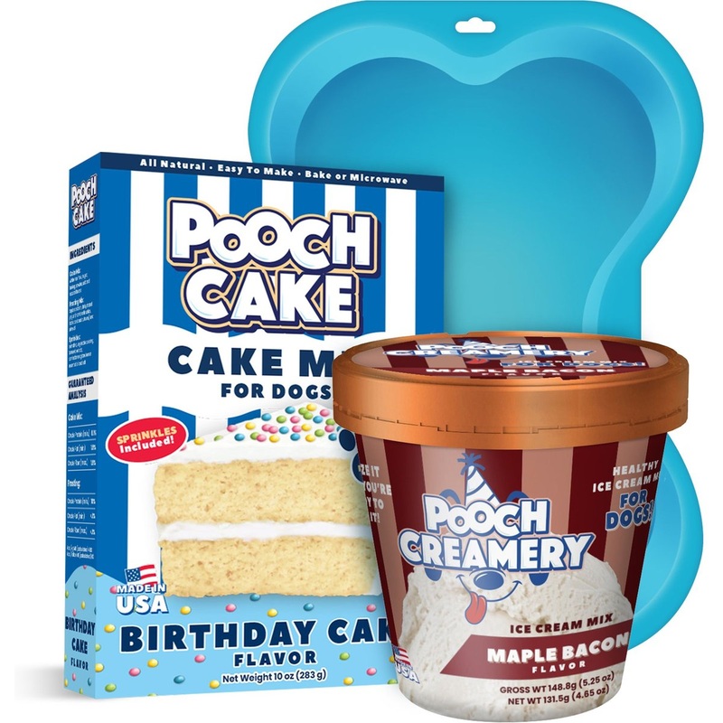 Pooch Cake Basic Starter Plus Birthday Cake Mix with Cake Mold Kit & Pooch Creamery Maple Bacon Ice Cream Dog Birthday Cake, 10-oz box