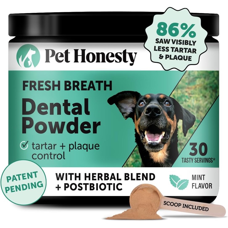 Pet Honesty Dog Breath Freshener Dental Powder for Teeth Cleaning Plaque Off, Dental Care for Dogs, Tartar Remover for Teeth with Natural Herbal Blend + Postbiotics (Mint - 30 Servings)