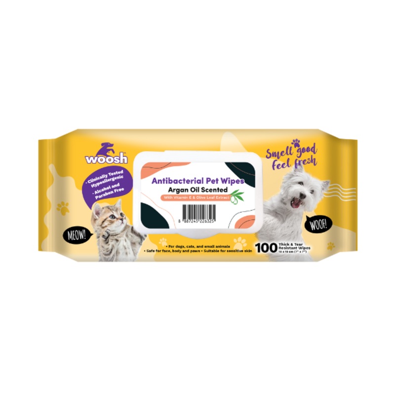 Woosh Antibacterial Pet Wipes with Vitamin E & Olive Leaf Extract (Argan Oil Scented)