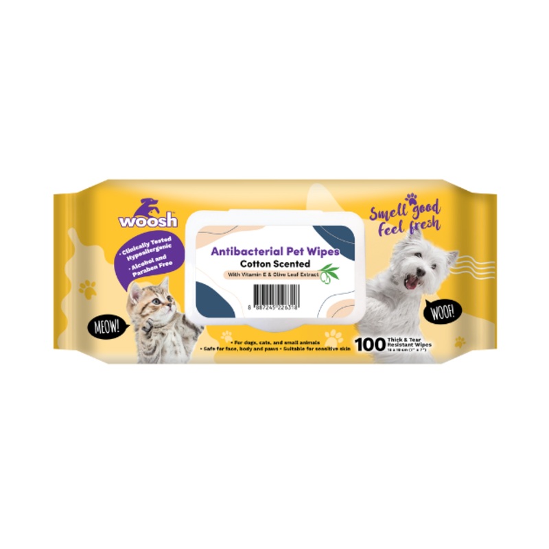 Woosh Antibacterial Pet Wipes with Vitamin E & Olive Leaf Extract (Cotton Scented)