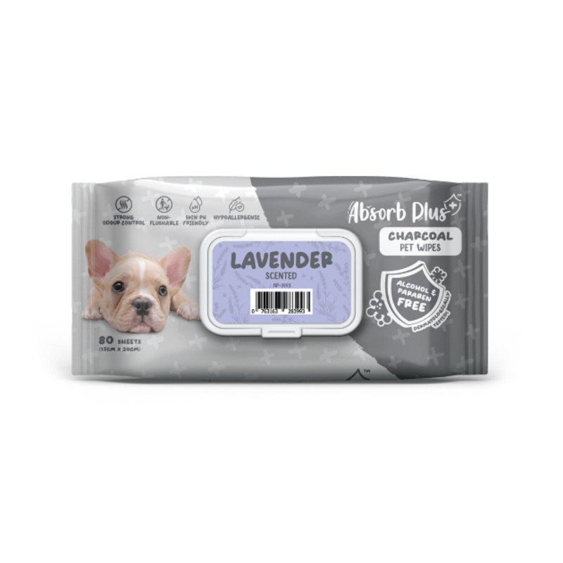 Absorb Plus Charcoal Alcohol & Paraben Free Pet Wipes (Lavender, 80pcs)