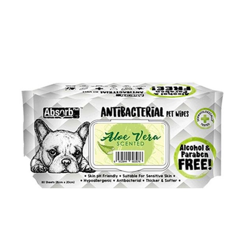 Absorb Plus Antibacterial Alcohol & Paraben Free Pet Wipes (Aloe Vera, 80pcs)