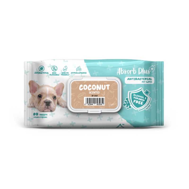 Absorb Plus Antibacterial Alcohol & Paraben Free Pet Wipes (Coconut, 80pcs)