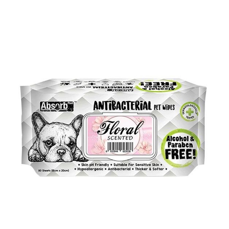 Absorb Plus Antibacterial Alcohol & Paraben Free Pet Wipes (Floral, 80pcs)