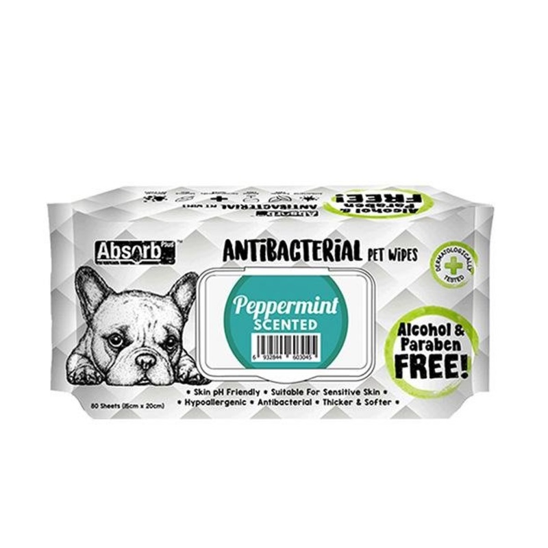 Absorb Plus Antibacterial Alcohol & Paraben Free Pet Wipes (Peppermint, 80pcs)