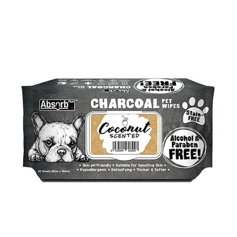 Absorb Plus Charcoal Alcohol & Paraben Free Pet Wipes (Coconut, 80pcs)