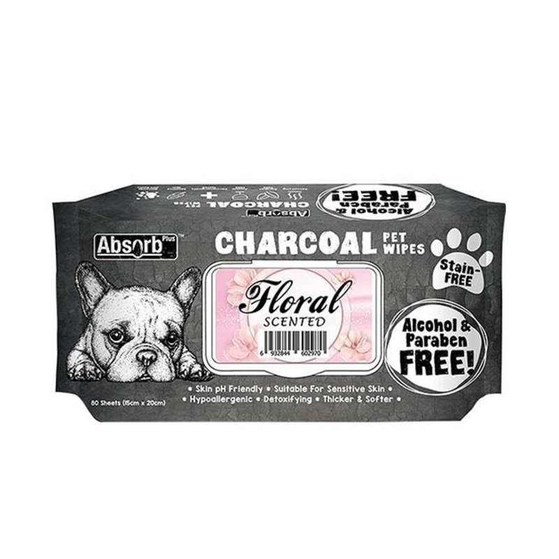 Absorb Plus Charcoal Alcohol & Paraben Free Pet Wipes (Floral, 80pcs)