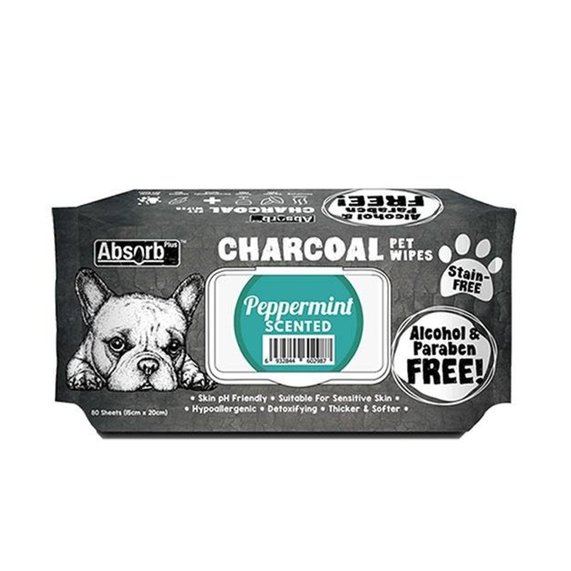 Absorb Plus Charcoal Alcohol & Paraben Free Pet Wipes (Peppermint, 80pcs)