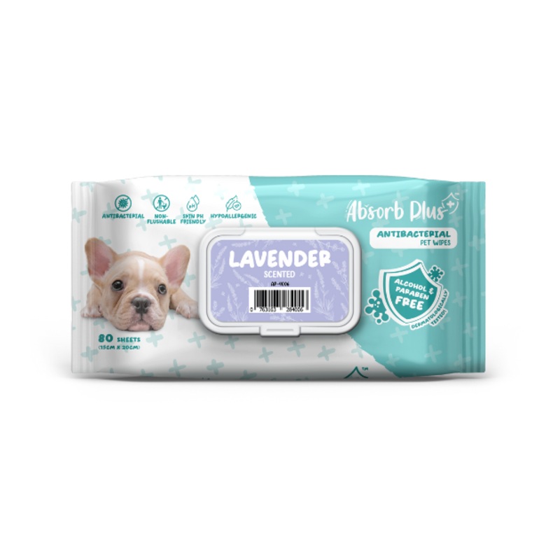 Absorb Plus Antibacterial Alcohol & Paraben Free Pet Wipes (Lavender, 80pcs)
