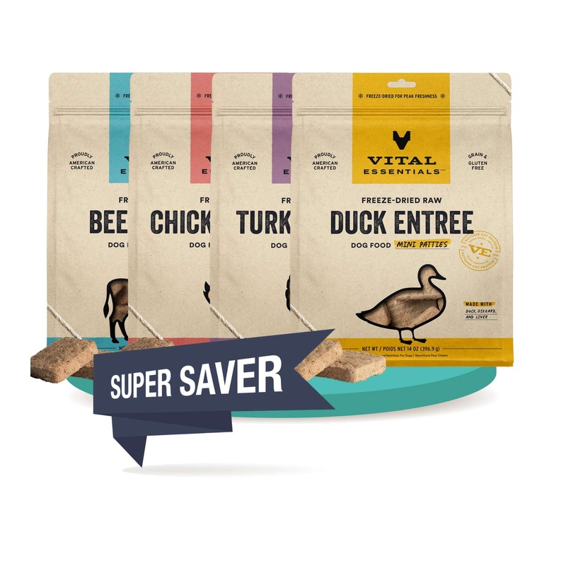 Vital Essentials Freeze Dried Raw MINI PATTIES Dog Food 14oz (3-Pack Saver Bundle)