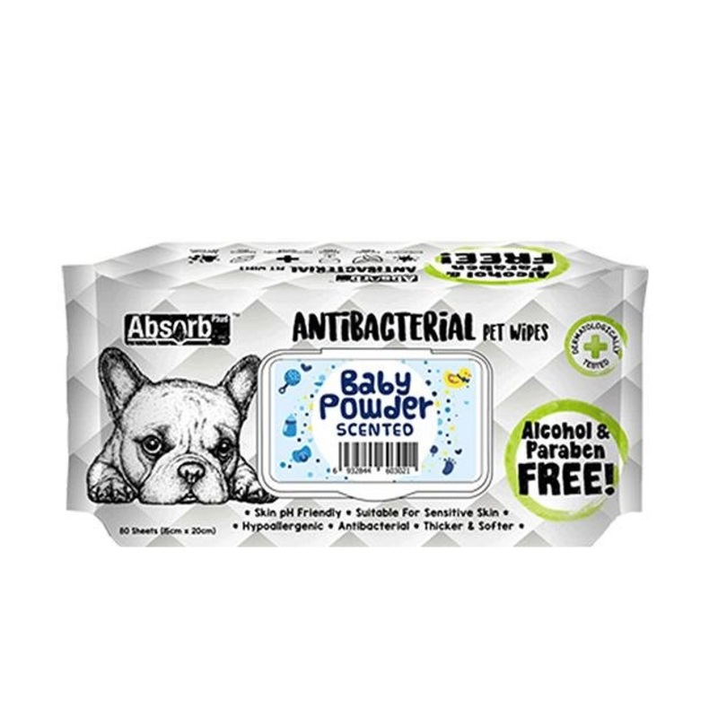 Absorb Plus Antibacterial Alcohol & Paraben Free Pet Wipes (Baby Powder, 80pcs)