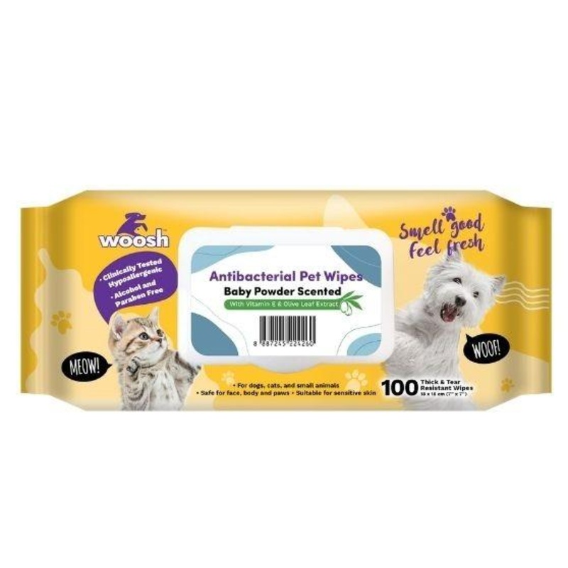 Woosh Antibacterial Pet Wipes with Vitamin E & Olive Leaf Extract (Baby Powder Scented)
