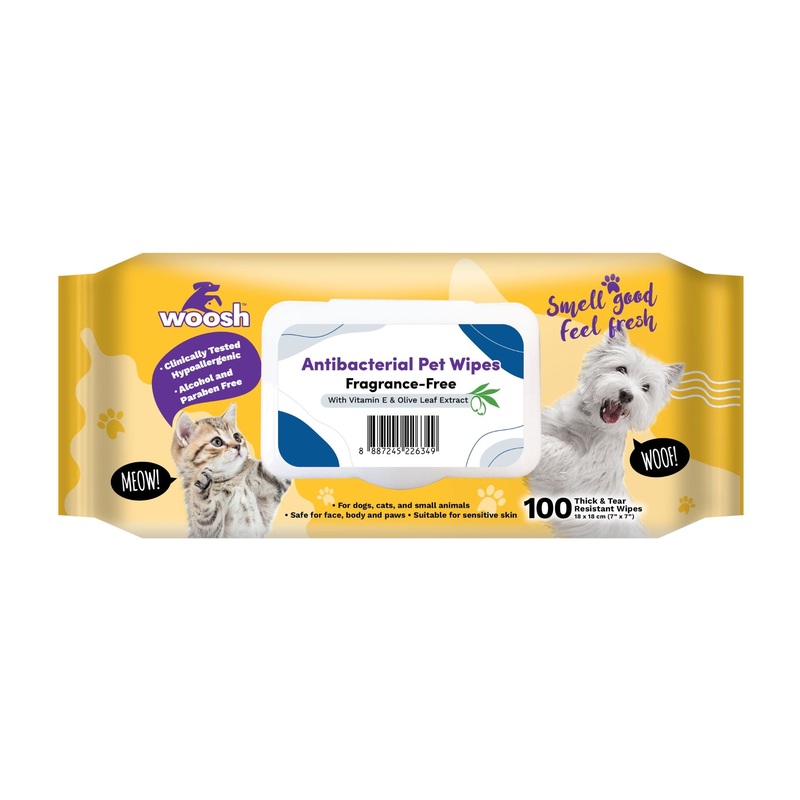 Woosh Antibacterial Pet Wipes with Vitamin E & Olive Leaf Extract (Fragrance-Free)